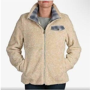 PENDELTON WOMENS FUZZY SHERPA ZIP JACKET SLIP HAND POCKETS PLAID ACCENT SZ M